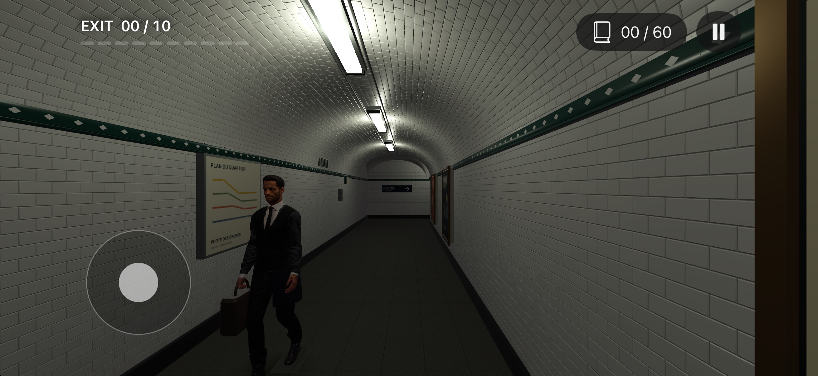 Vaulted metro corridor, white tiles and a solitary traveller.